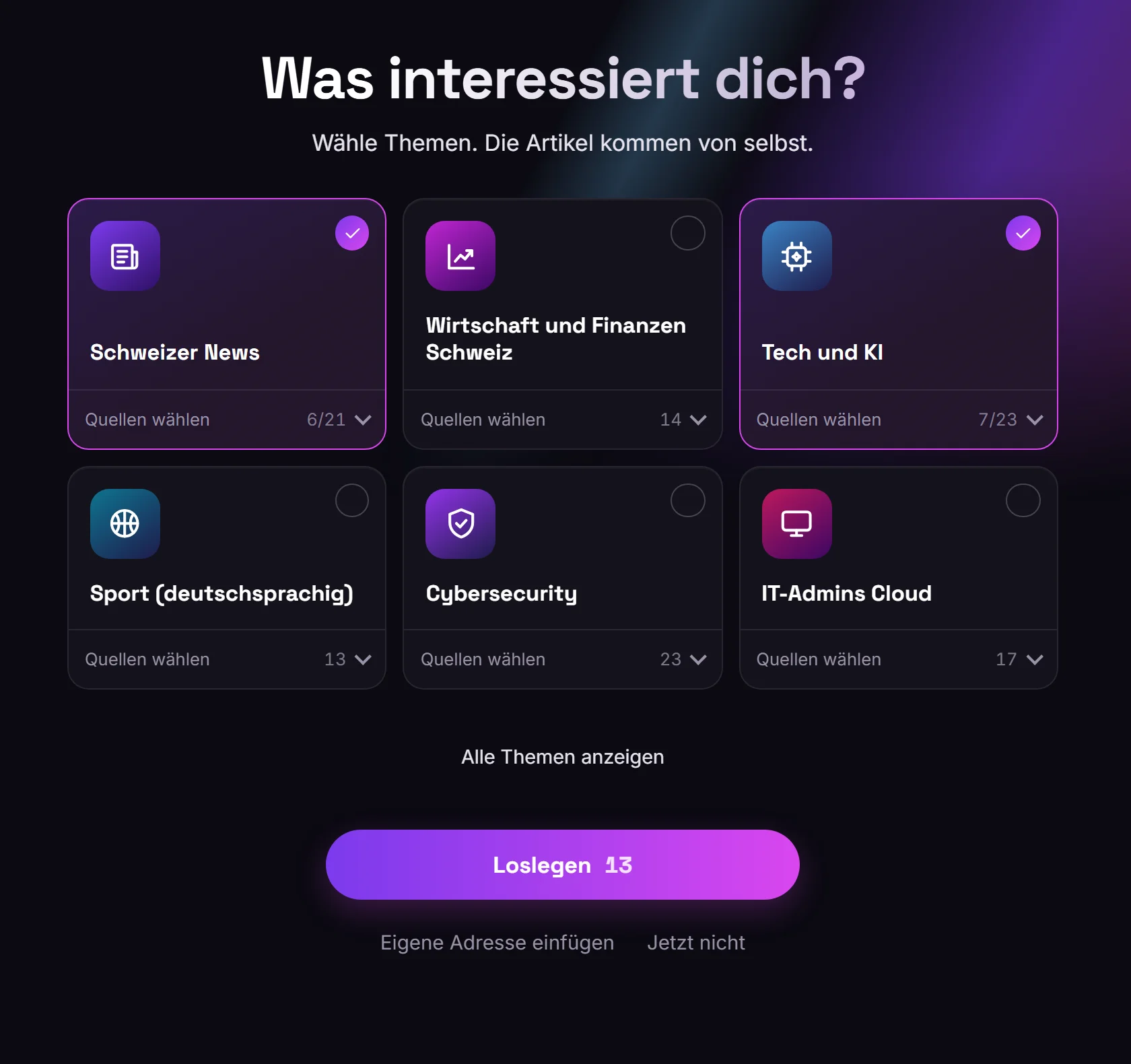 Erster Start: Themen wie Schweizer News, Tech und KI oder Sport auswählen, die passenden Quellen kommen automatisch.